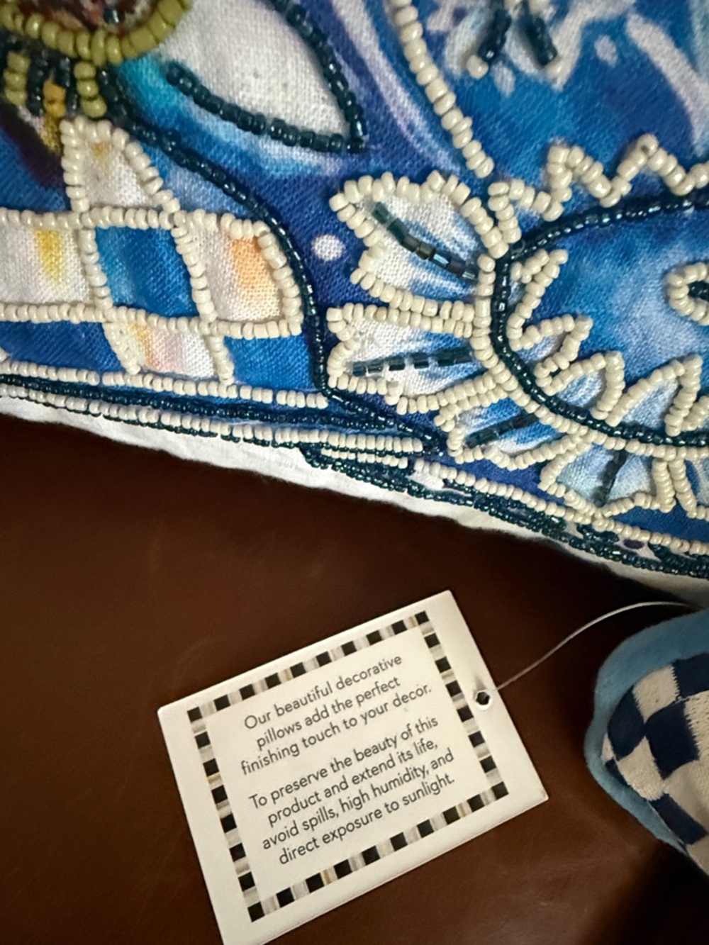 MacKenzie-Childs Blue check, Orange Floral Embroidered beaded Pillow Pair - Picture 9 of 10